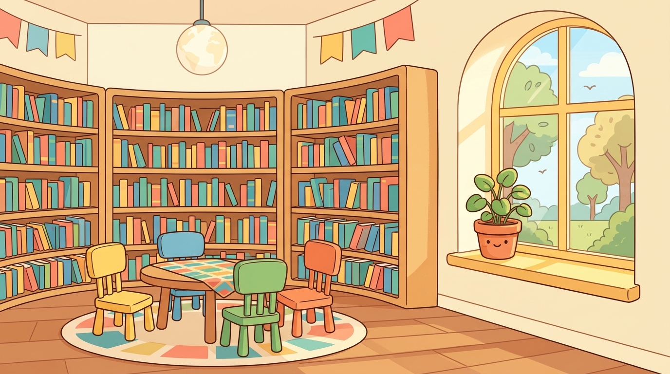 A cozy school library full of books with a round reading table and a few chairs